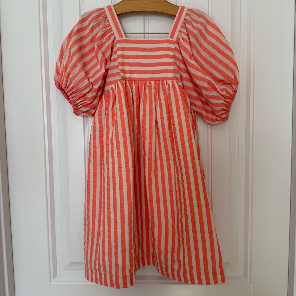 Nano Girls Striped Coral and Cream Puff Sleeve Dress